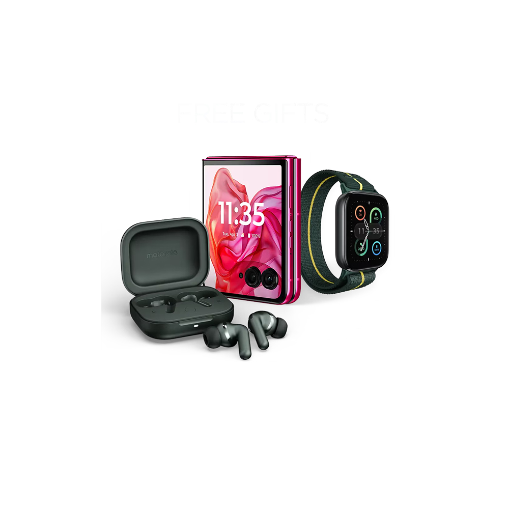 Motorola Razr Plus 2024 with smartwatch and earbuds